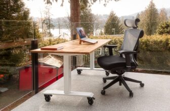 A comfortable home office setup with ergonomic chair and desk, showcasing proper posture to reduce neck and shoulder pain.