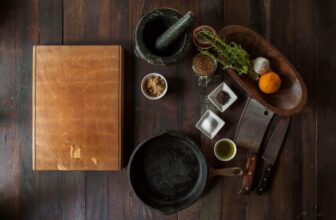 A collection of essential kitchen tools including knives, measuring cups, and utensils on a wooden countertop.