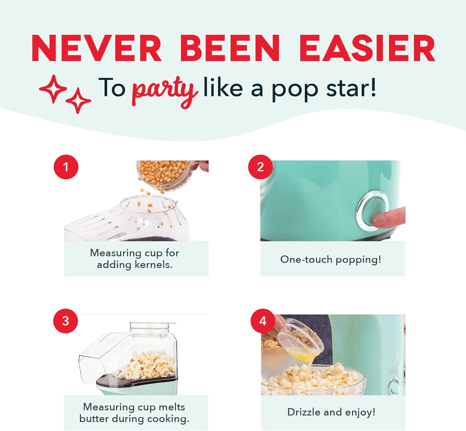 DASH Hot Air Popcorn Popper Maker with Measuring Cup to Portion Popping Corn Kernels + Melt Butter, 16 Cups - Lavender - Image 5