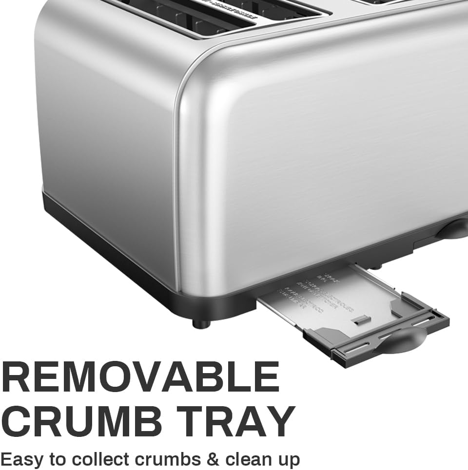 Toaster 4 Slice, Dual Independent Controls, Extra Wide Slot Toasters for Bagel, Bread, Waffles, 7 Shade Settings, 4 Main Functions, Removable Crumb Tray, 1500 Watts, Brushed Stainless Steel - Image 7