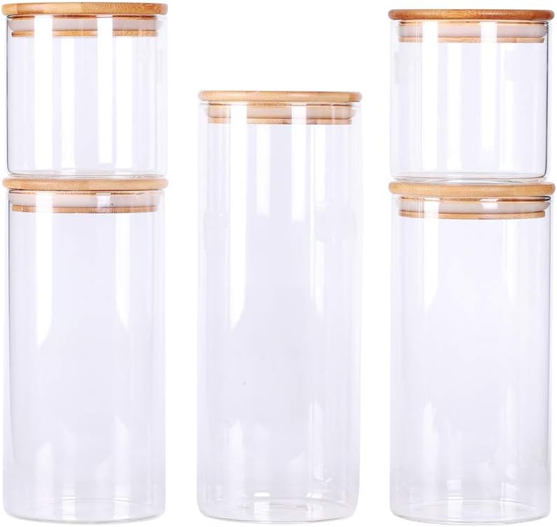 Stackable Kitchen Canisters Set, Pack of 5 Clear Glass Food Storage Jars Containers with Airtight Bamboo Lid for Candy, Cookie, Rice, Sugar, Flour, Pasta, Nuts - Image 2
