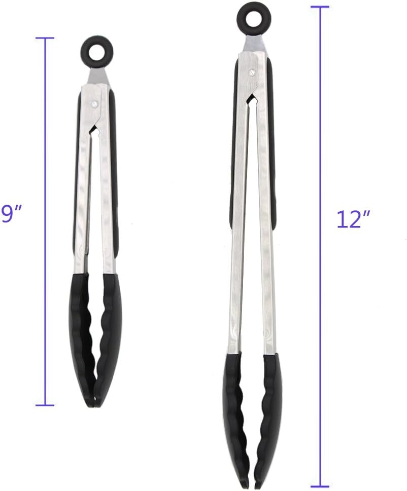 2 Pack Black Kitchen Tongs, Premium Silicone BPA Free Non-Stick Stainless Steel BBQ Cooking Grilling Locking Food Tongs, 9-Inch & 12-Inch - Image 3