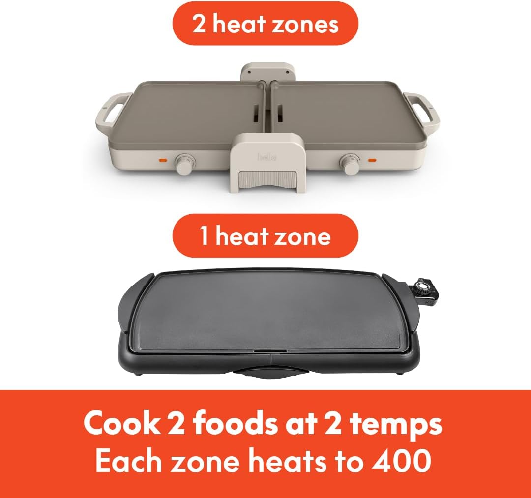 Bella 10"x 20" Ceramic Fold-n-Store Dual Temp Griddle, Fits-anywhere Kitchenware, EverGood Ceramic Nonstick Coating, 2 Temperature Zones up to 400°F, Dishwasher Safe Drip Tray, 1500 Watt, Oatmilk - Image 4