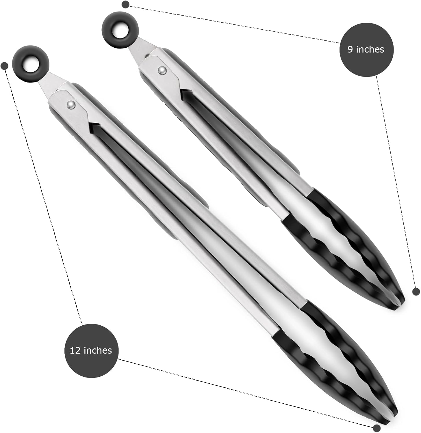2 Pack Black Kitchen Tongs, Premium Silicone BPA Free Non-Stick Stainless Steel BBQ Cooking Grilling Locking Food Tongs, 9-Inch & 12-Inch - Image 5