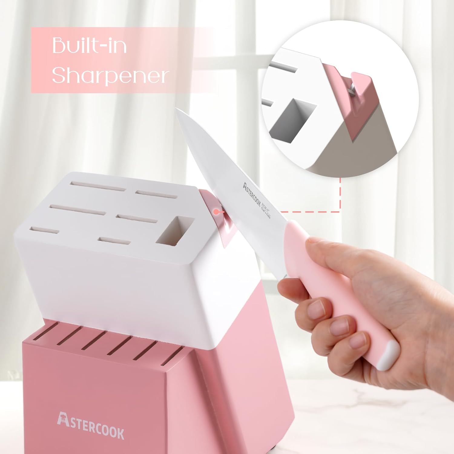 Astercook Knife Set, Kitchen Knives Set with Block and Sharpener Ceramic Coating 15 Pcs German Stainless Steel Knives Sharp Blade Dishwasher Safe Deba Knives with Ergonomic Handle, Crystal Pink - Image 6