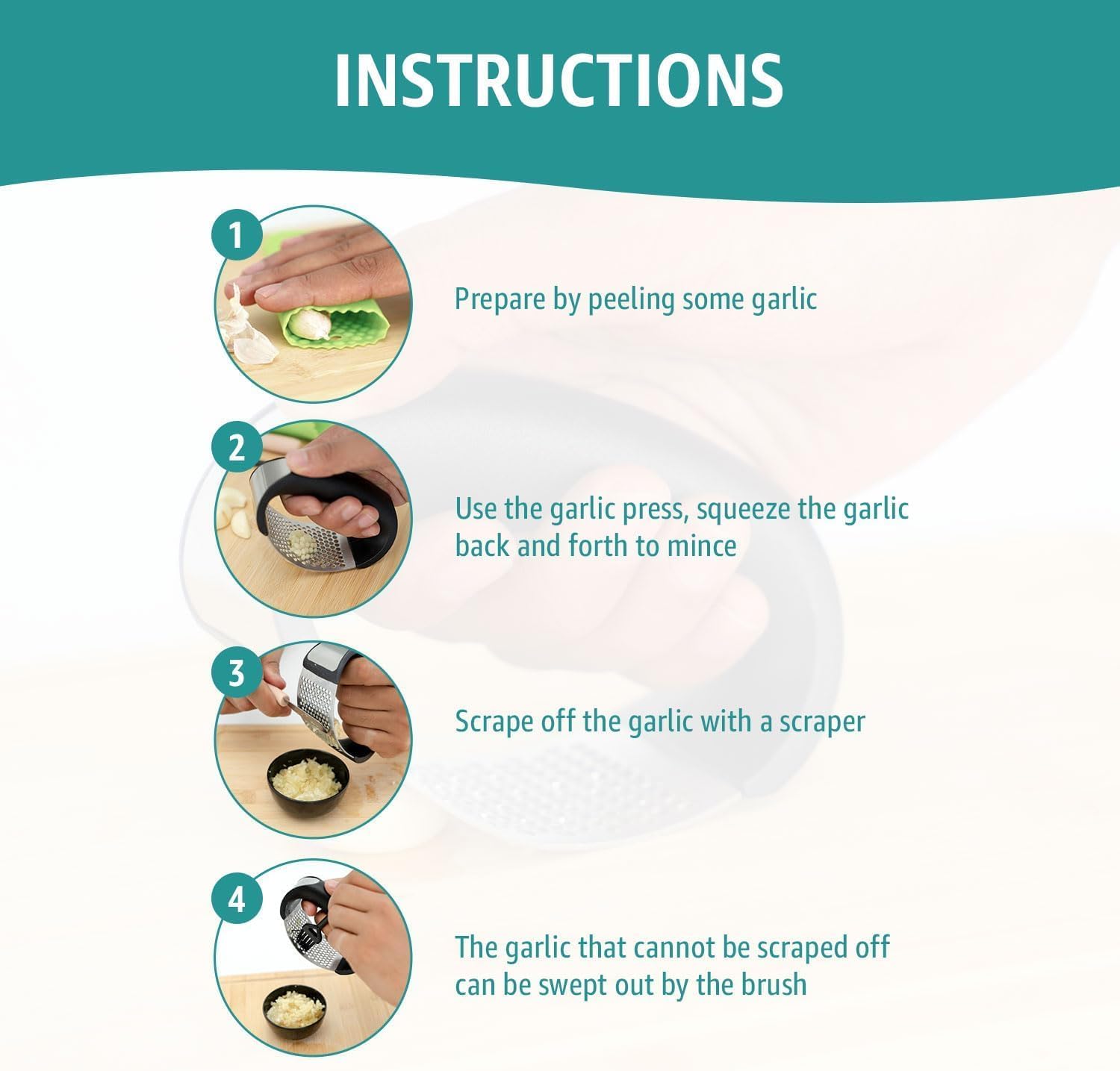 Garlic press rocker, crusher, mincer tool stainless steel with a Garlic Peeler, spatula, and Brush extract more Garlic Paste. The Garlic Mincer Tool Squeezes, Extracts, Crushes - Image 4