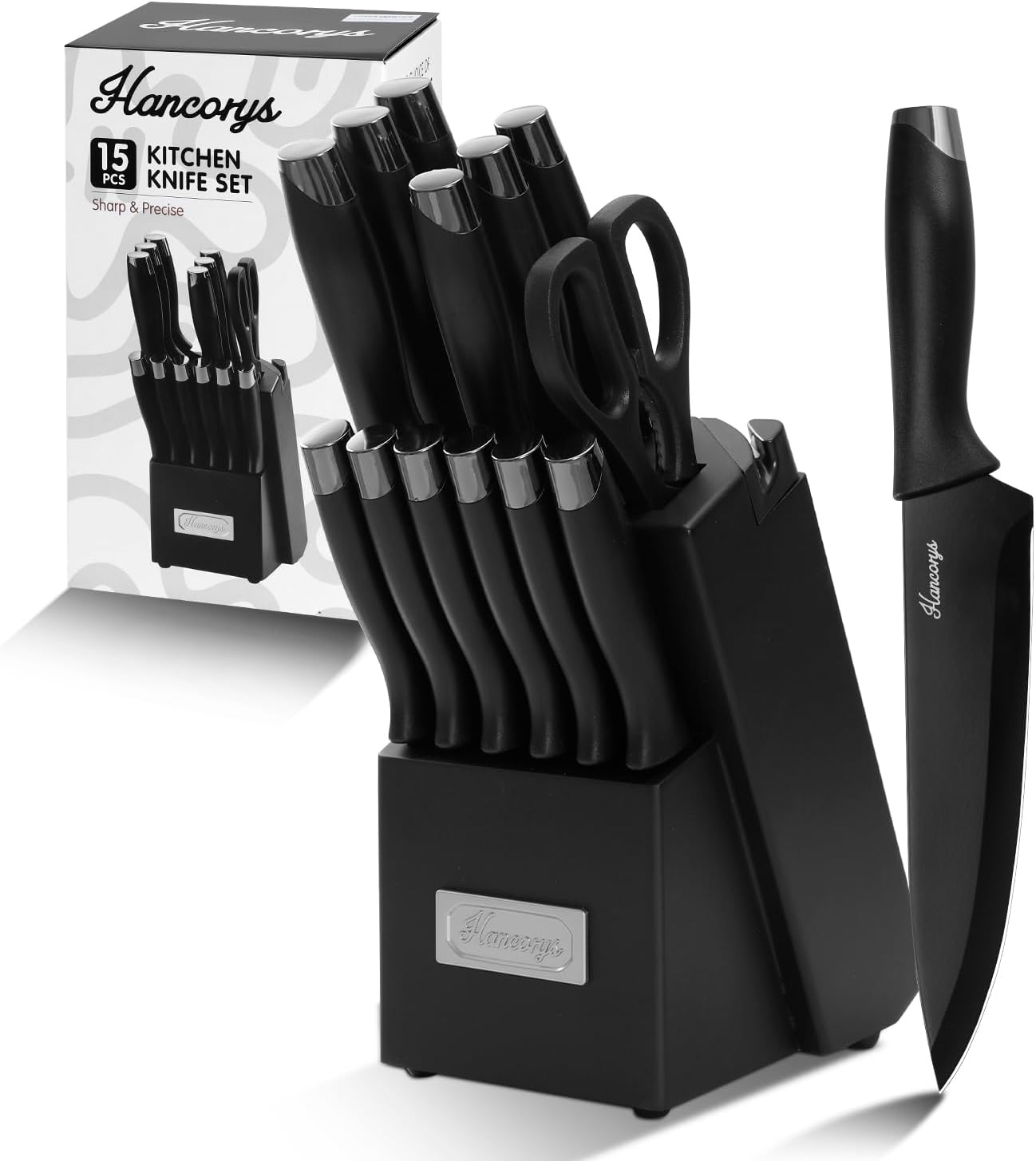 Knife Sets for Kitchen with Block, 15 Pieces Chef Knife Set with Self Sharpening, Stainless Steel Nonstick Ceramic Anti-Rust Coating Blades, Ergonomic Handle, Black Grey - Image 8