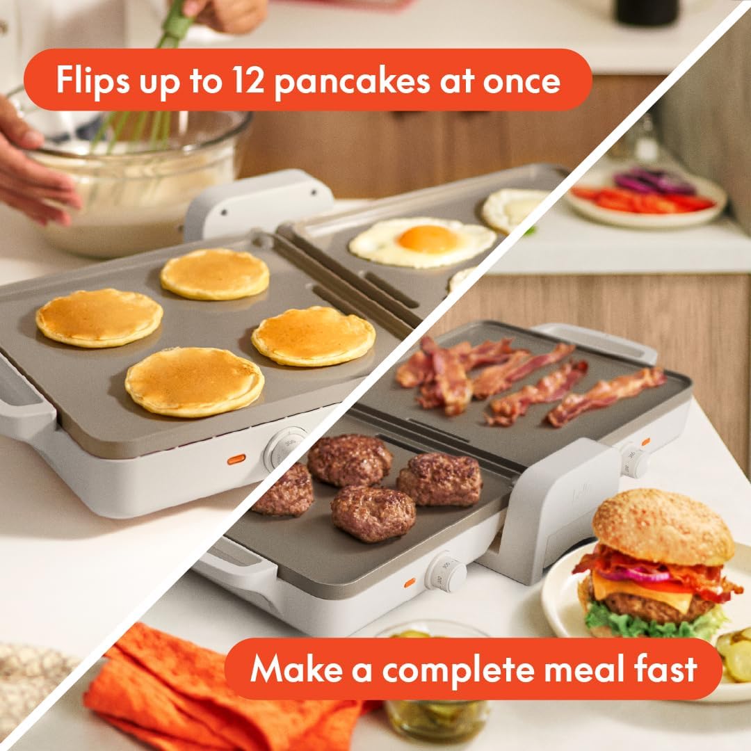 Bella 10"x 20" Ceramic Fold-n-Store Dual Temp Griddle, Fits-anywhere Kitchenware, EverGood Ceramic Nonstick Coating, 2 Temperature Zones up to 400°F, Dishwasher Safe Drip Tray, 1500 Watt, Oatmilk - Image 5