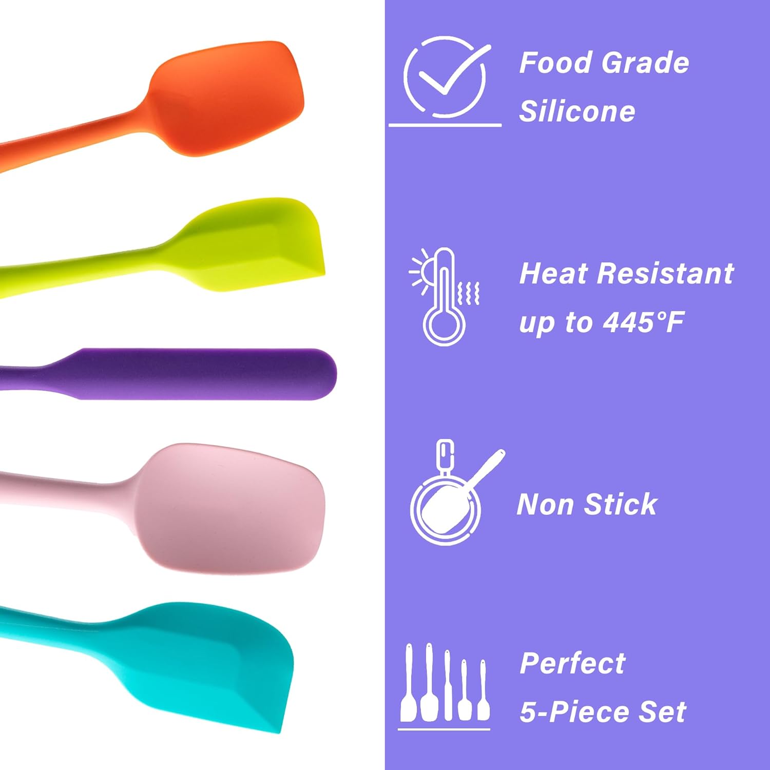 Silicone Spatula Set, 5 Piece Food Grade Rubber Spatulas for Baking, Cooking, and Mixing High Heat Resistant Non Stick Dishwasher Safe BPA-Free (Multicolor) - Image 3