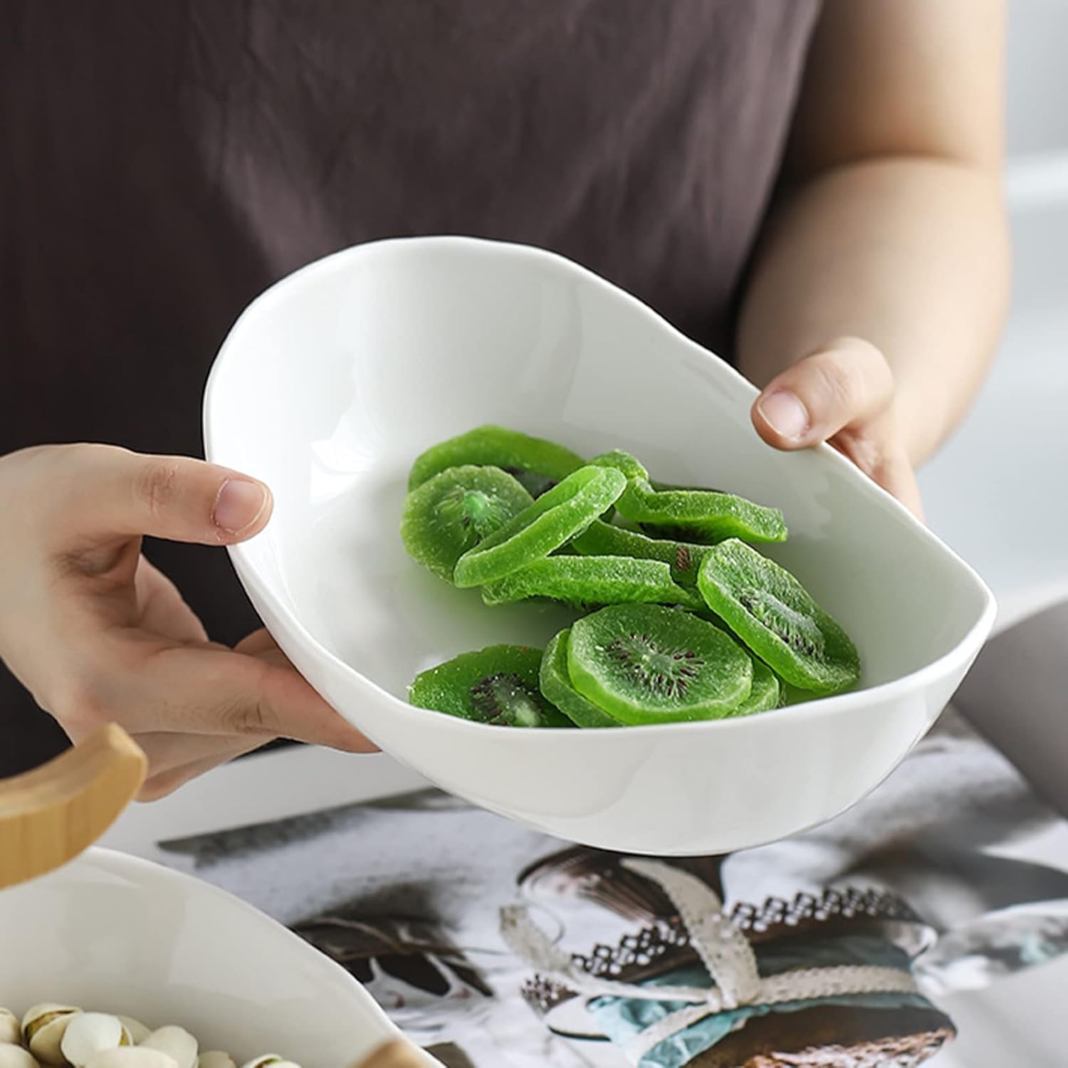 Ceramic Fruit Bowl for Kitchen Counter - 3 Tier Fruit Basket with Metal Stand, Tiered Fruit Stand for Countertop, Snack, Nuts, Cake, Dessert, Cute (Gold, Small) - Image 6