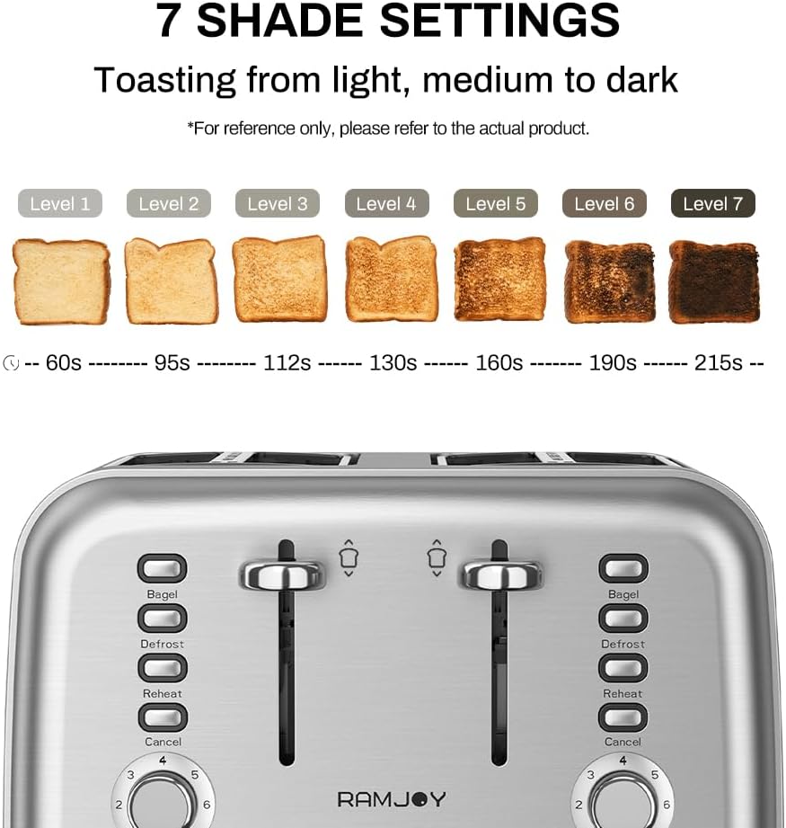 Toaster 4 Slice, Dual Independent Controls, Extra Wide Slot Toasters for Bagel, Bread, Waffles, 7 Shade Settings, 4 Main Functions, Removable Crumb Tray, 1500 Watts, Brushed Stainless Steel - Image 4