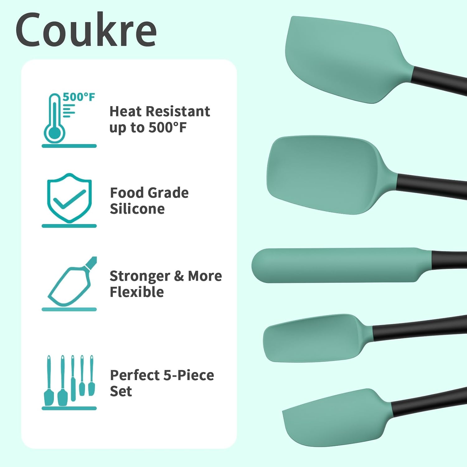 Coukre Silicone Spatula Set of 5,High Temperature Resistant, Food Grade Silicone, Dishwasher Safe, for Baking, Cooking (Aqua Green) - Image 3