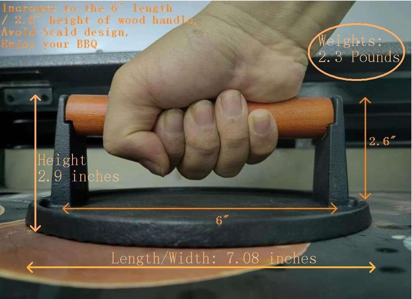 Firsgrill Burger Press 7.08" Round,Heavy-Duty Cast Iron Smash Burger Press Meat Steak With Wood Handle for Blackstone Camp chef Pitboss Weber Griddle Grills(Round) - Image 3