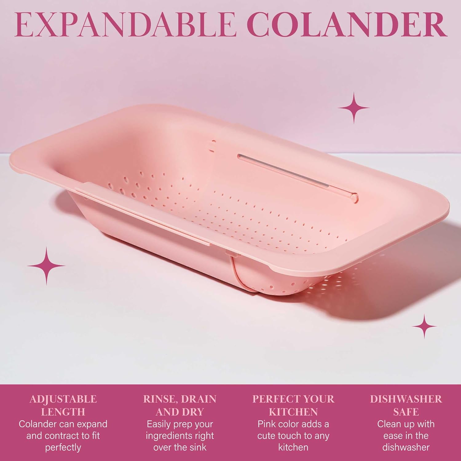 Paris Hilton Over the Sink Expandable Colander, Extendable Strainer, Adjustable from 14.5 inches to 19.5 inches, Fits most kitchen sinks, Made without BPA, Pink - Image 3