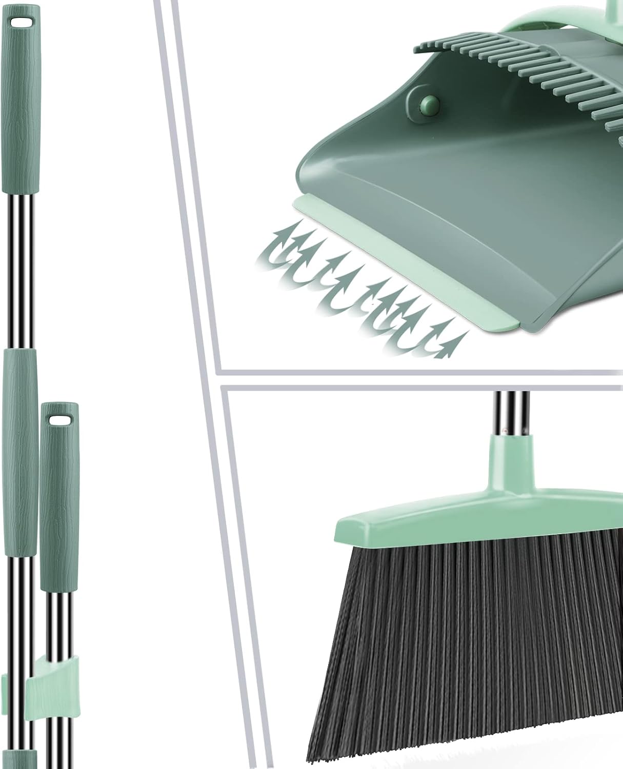 Broom and Dustpan Set for Home, Dust pan with Long Handle, Broom with Dustpan Combo Set, for Home Kitchen Room Office Lobby Floor Use Upright Stand Up Sweeping (Gray&Green) - Image 2