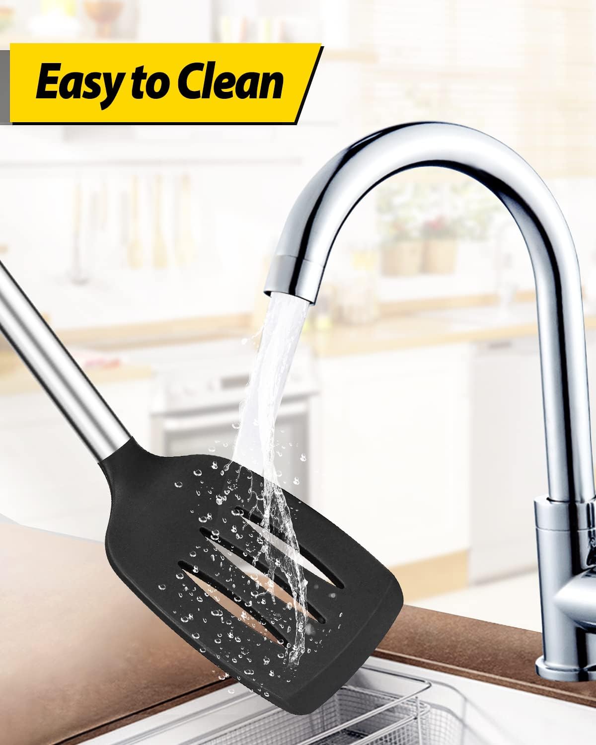 Pack of 4 Silicone Cooking Utensils Set, Non Stick Large Solid Spatulas, Heat Resistant Black Slotted Spoons, Ideal BPA Free Kitchen Turners for Frying, Mixing,Serving,Draining,Turning,Stirring - Image 5