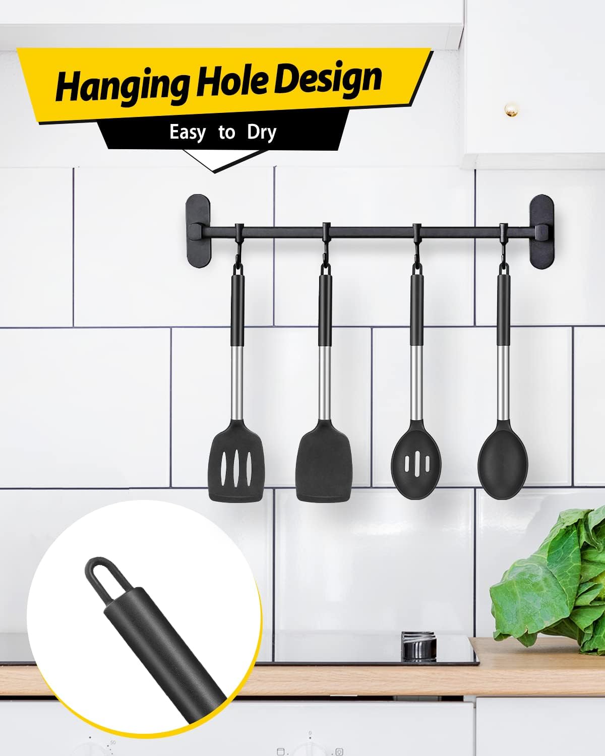 Pack of 4 Silicone Cooking Utensils Set, Non Stick Large Solid Spatulas, Heat Resistant Black Slotted Spoons, Ideal BPA Free Kitchen Turners for Frying, Mixing,Serving,Draining,Turning,Stirring - Image 6