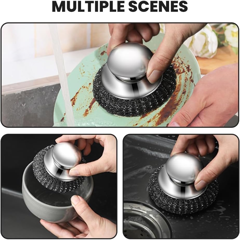 Steel Wool Scrubber with Handle, Upgrade Heavy Duty Stainless Steel Dish Scrubber for Cleaning Dishes, Iron Pots, Stoves, Kitchen Sink (1 pcs) - Image 4