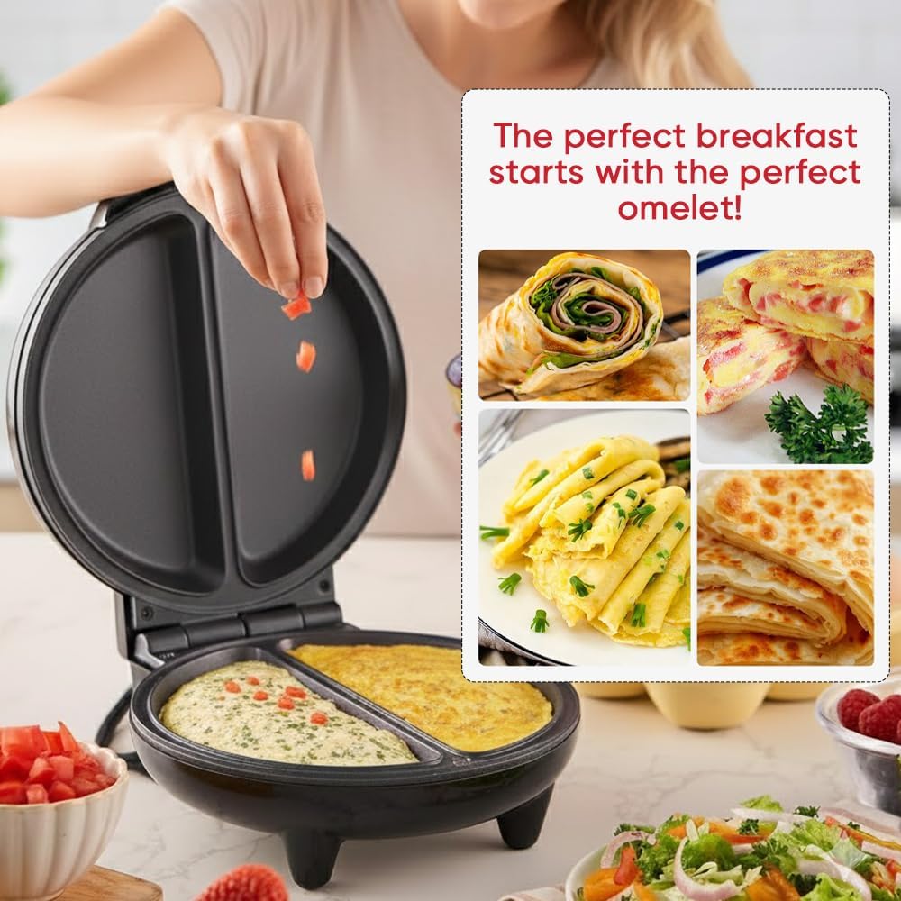 Saker Dual Zone Electric Omelette Maker 2026|Non-Stick Double Omelet Pan with Fast Heating|Perfect for 2 Eggs,Breakfast Sandwiches,Frittatas|1000W Compact Kitchen Appliance (Black) - Image 3