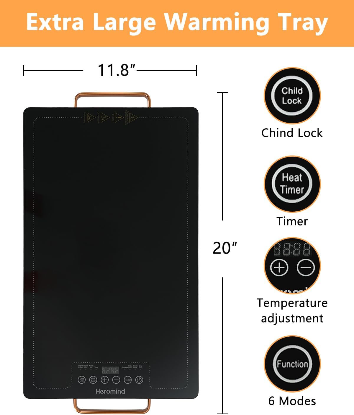 Electric Warming Tray 20" x 12", Glass-Top Full-Surface Food Warmer with Adjustable Temperature & Timer, Warming Trays for Buffets Party, Sabbath, Holiday Parties, Daily Dining - Image 7