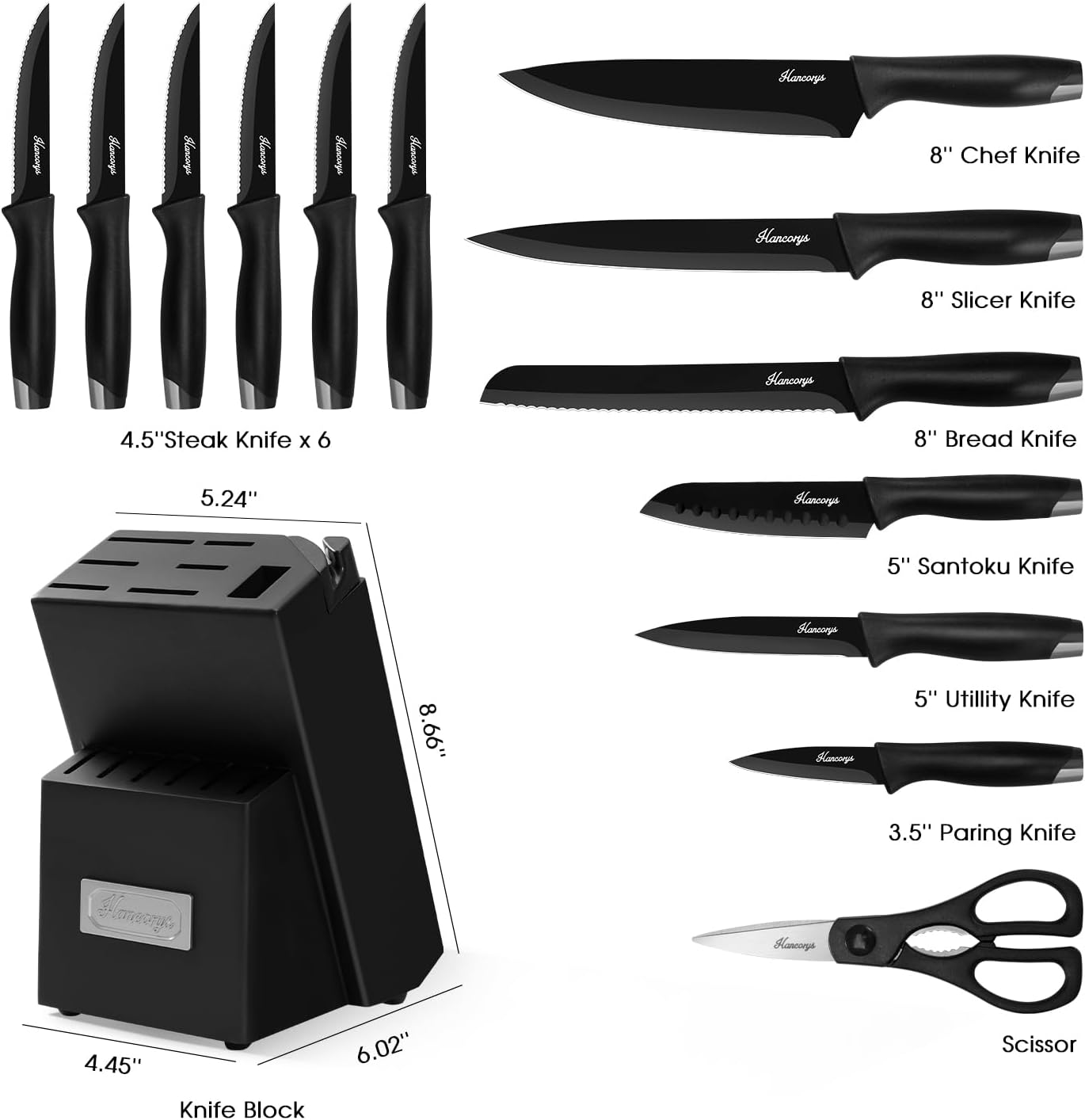 Knife Sets for Kitchen with Block, 15 Pieces Chef Knife Set with Self Sharpening, Stainless Steel Nonstick Ceramic Anti-Rust Coating Blades, Ergonomic Handle, Black Grey - Image 2