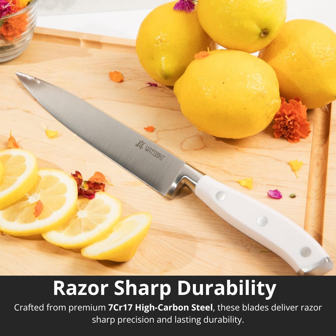 Yatoshi 15 Piece White Knife Block Set - Pro Kitchen Knife Set Ultra Sharp High Carbon Stainless Steel with Ergonomic Handle - Image 3