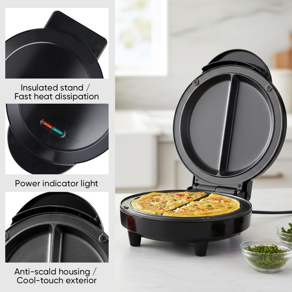 Saker Dual Zone Electric Omelette Maker 2026|Non-Stick Double Omelet Pan with Fast Heating|Perfect for 2 Eggs,Breakfast Sandwiches,Frittatas|1000W Compact Kitchen Appliance (Black) - Image 5