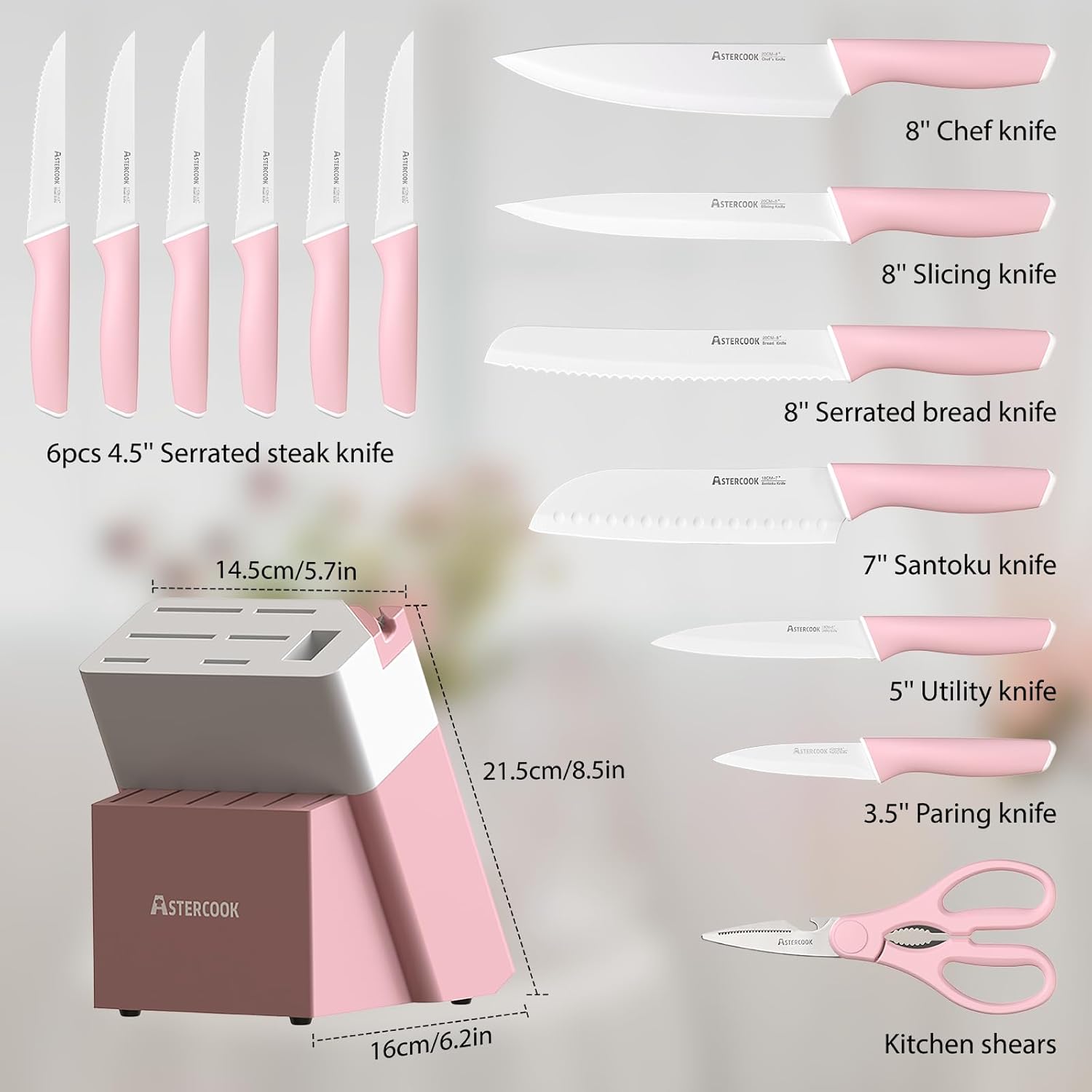 Astercook Knife Set, Kitchen Knives Set with Block and Sharpener Ceramic Coating 15 Pcs German Stainless Steel Knives Sharp Blade Dishwasher Safe Deba Knives with Ergonomic Handle, Crystal Pink - Image 5