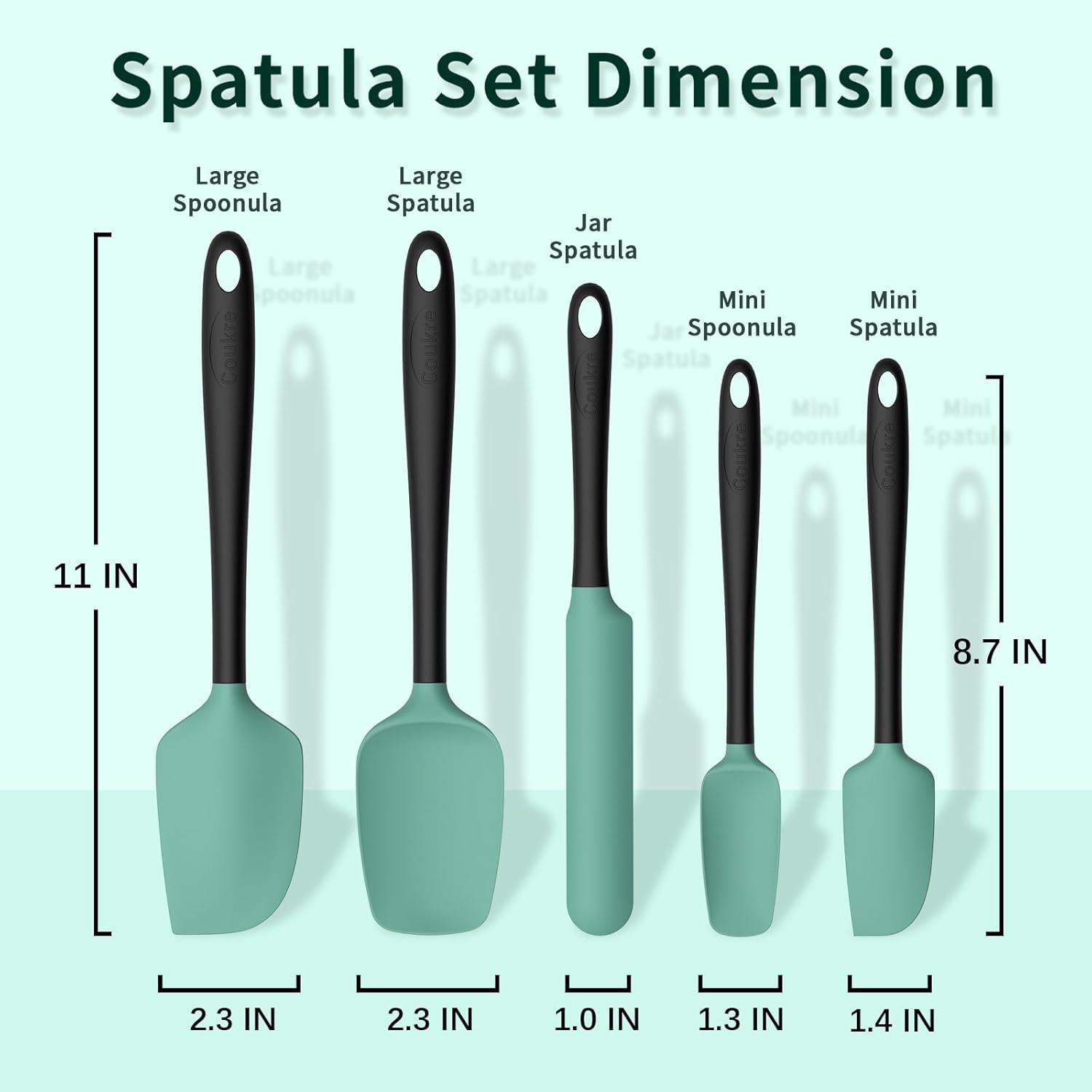 Coukre Silicone Spatula Set of 5,High Temperature Resistant, Food Grade Silicone, Dishwasher Safe, for Baking, Cooking (Aqua Green) - Image 2