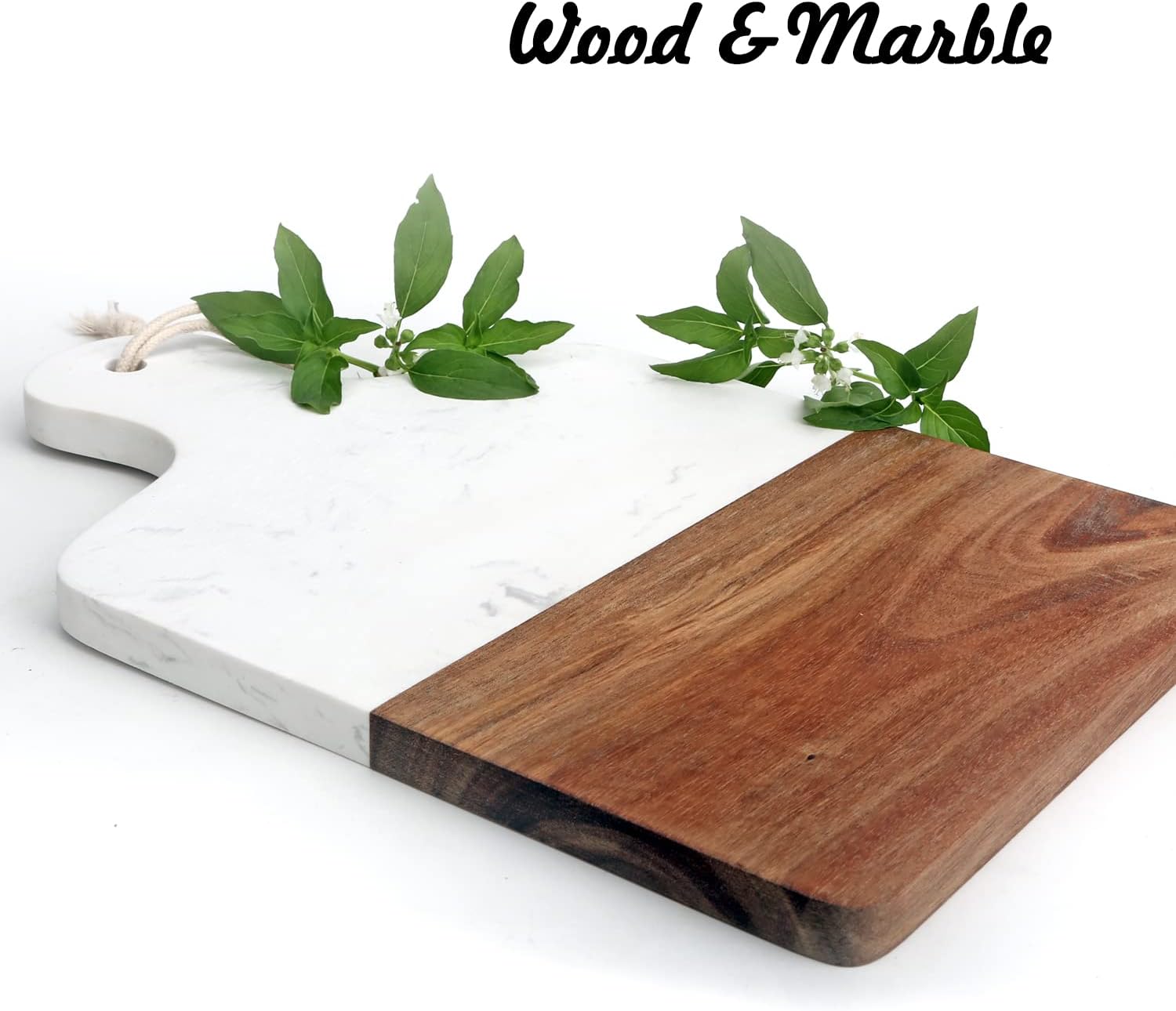 Cutting Board with Marble and Natural Wood,Serving Board for Steak Fruits with Handle,Chopping Board for Bread as Serving Trays (White) - Image 3