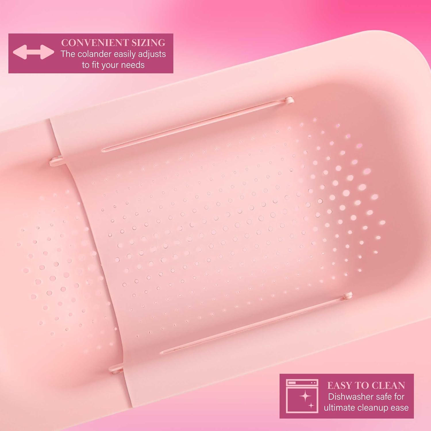 Paris Hilton Over the Sink Expandable Colander, Extendable Strainer, Adjustable from 14.5 inches to 19.5 inches, Fits most kitchen sinks, Made without BPA, Pink - Image 5