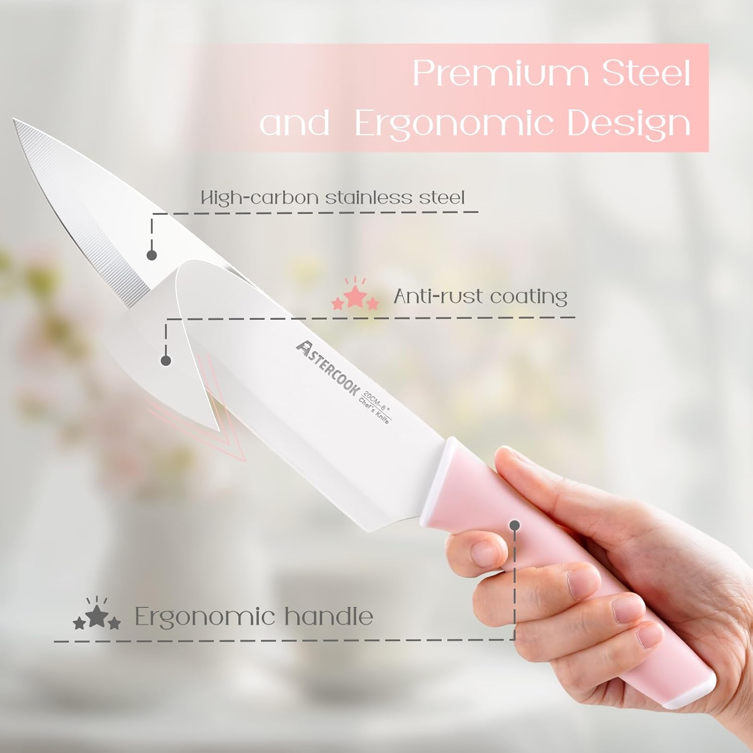 Astercook Knife Set, Kitchen Knives Set with Block and Sharpener Ceramic Coating 15 Pcs German Stainless Steel Knives Sharp Blade Dishwasher Safe Deba Knives with Ergonomic Handle, Crystal Pink - Image 3
