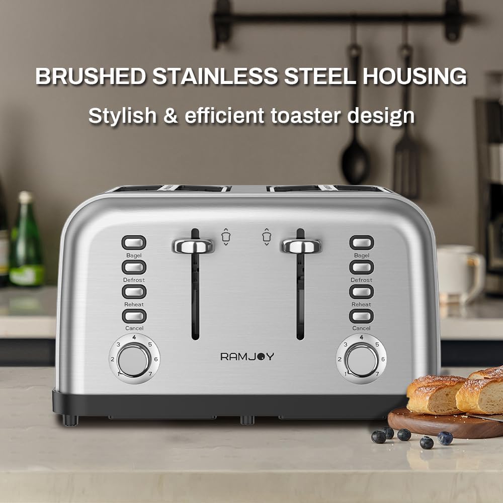 Toaster 4 Slice, Dual Independent Controls, Extra Wide Slot Toasters for Bagel, Bread, Waffles, 7 Shade Settings, 4 Main Functions, Removable Crumb Tray, 1500 Watts, Brushed Stainless Steel - Image 2