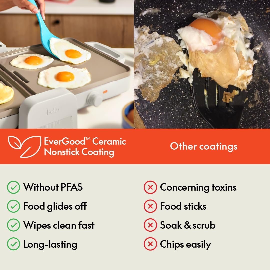 Bella 10"x 20" Ceramic Fold-n-Store Dual Temp Griddle, Fits-anywhere Kitchenware, EverGood Ceramic Nonstick Coating, 2 Temperature Zones up to 400°F, Dishwasher Safe Drip Tray, 1500 Watt, Oatmilk - Image 7