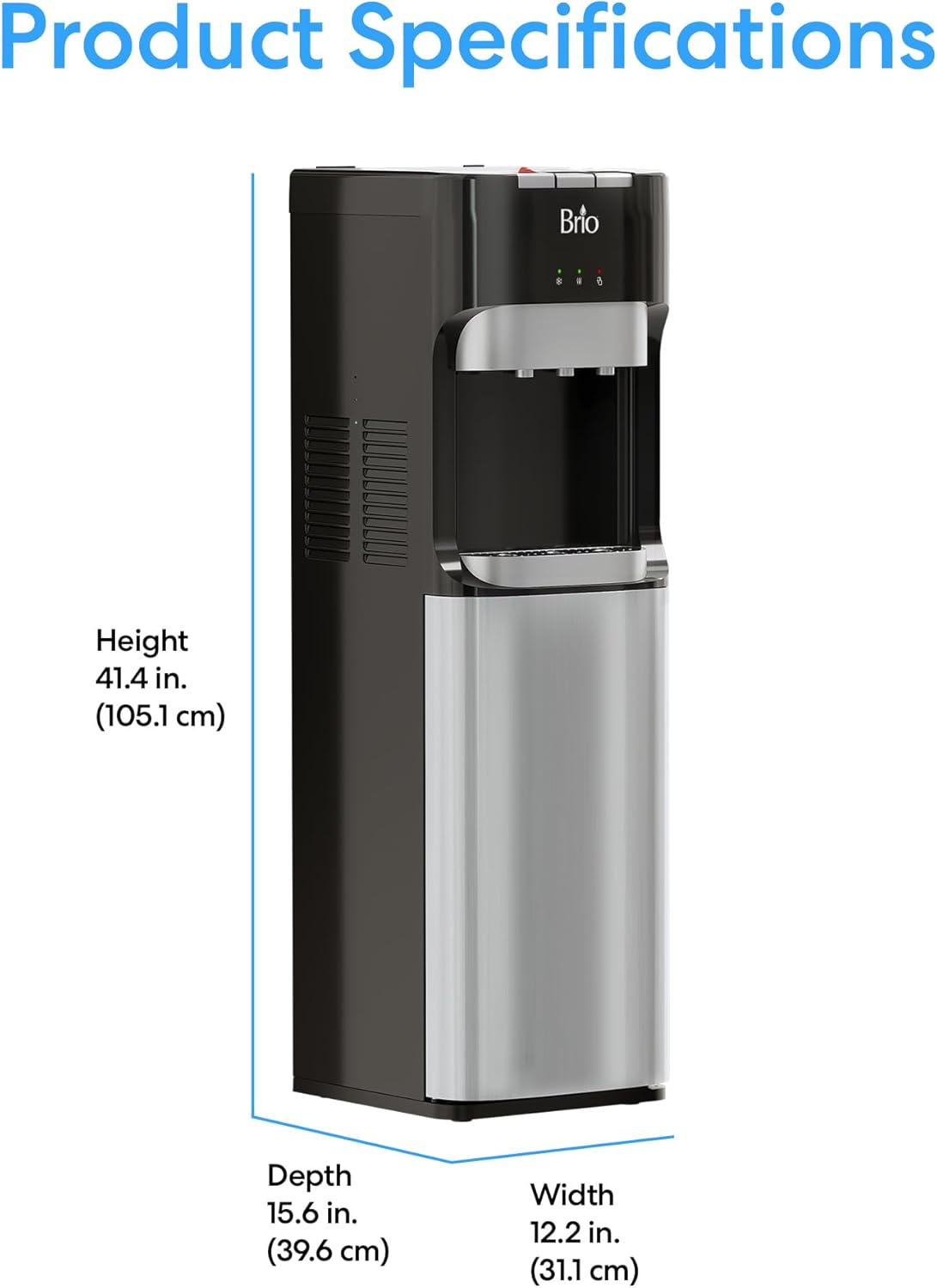 Brio Bottom Loading Water Cooler Dispenser for 5 Gallon Bottles - 3 Temperatures with Hot, Room & Cold Spouts, Child Safety Lock, LED Display with Empty Bottle Alert, Stainless Steel - Image 9
