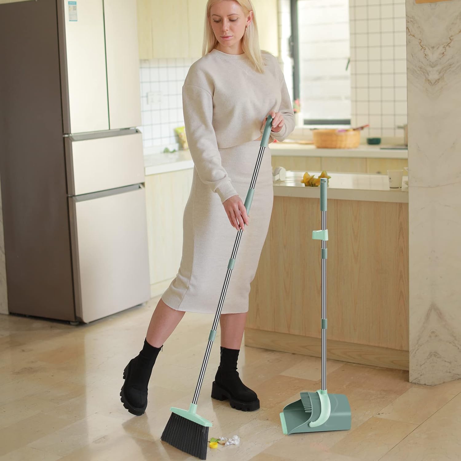Broom and Dustpan Set for Home, Dust pan with Long Handle, Broom with Dustpan Combo Set, for Home Kitchen Room Office Lobby Floor Use Upright Stand Up Sweeping (Gray&Green) - Image 7