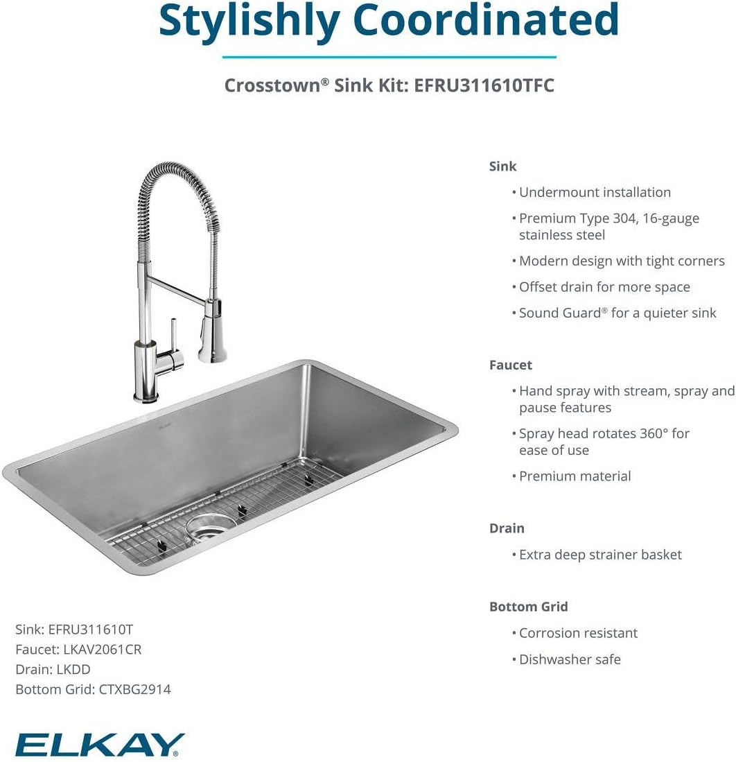 Elkay Crosstown 16 Gauge Stainless Steel 32-1/2" x 18" x 10" Single Bowl Undermount Sink Kit with Faucet - Image 9