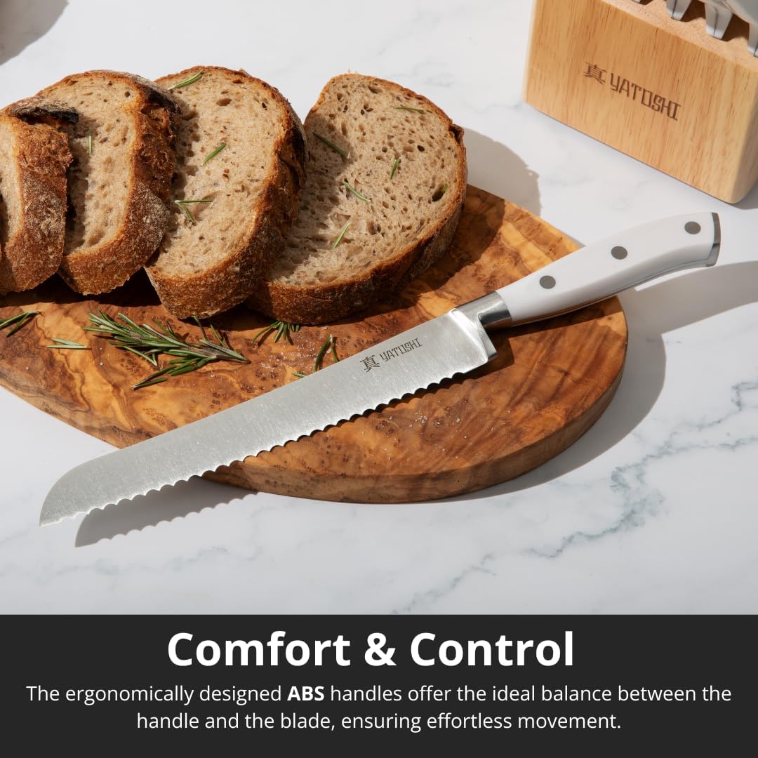 Yatoshi 15 Piece White Knife Block Set - Pro Kitchen Knife Set Ultra Sharp High Carbon Stainless Steel with Ergonomic Handle - Image 4