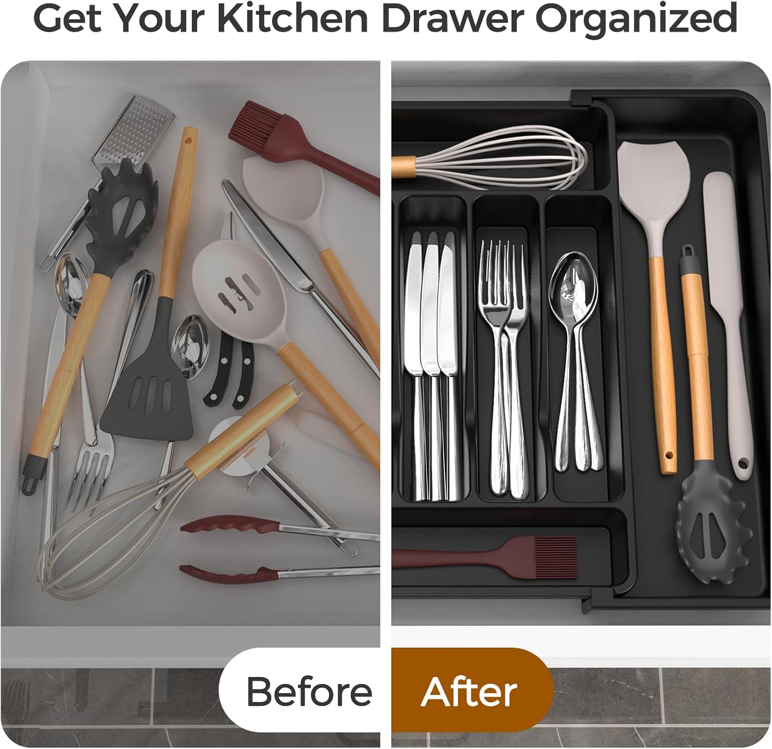 Extra Large Expandable Silverware Organizer, BPA-Free Food-Safe Cutlery Flatware Organizer, Kitchen Utensil Drawer Organizer, Adjustable Silverware Holder for Spoons Forks Knives, Black - Image 6
