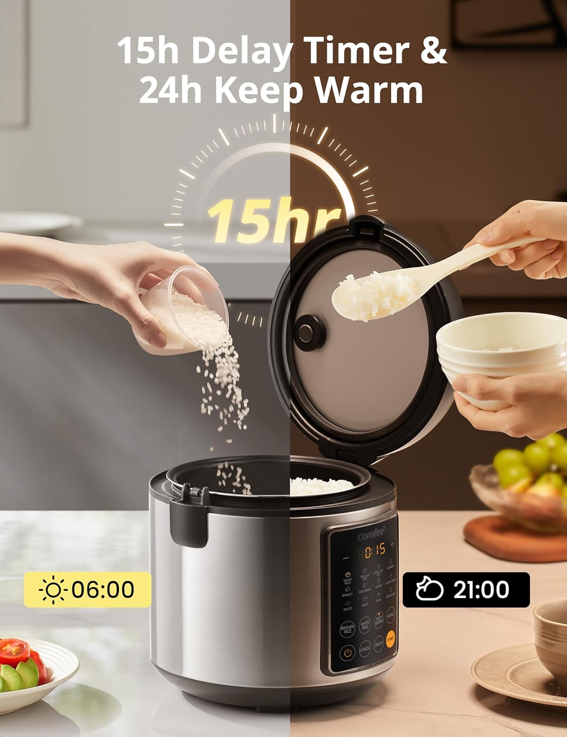 COMFEE' Rice Cooker, 14-in-1 Stainless Steel Multi Cooker, Slow Cooker, Steamer, Sauté, and Warmer, 5.3 QT, 20 Cups Cooked (10 Cups Uncooked), Brown Rice, Quinoa and Oatmeal - Image 7