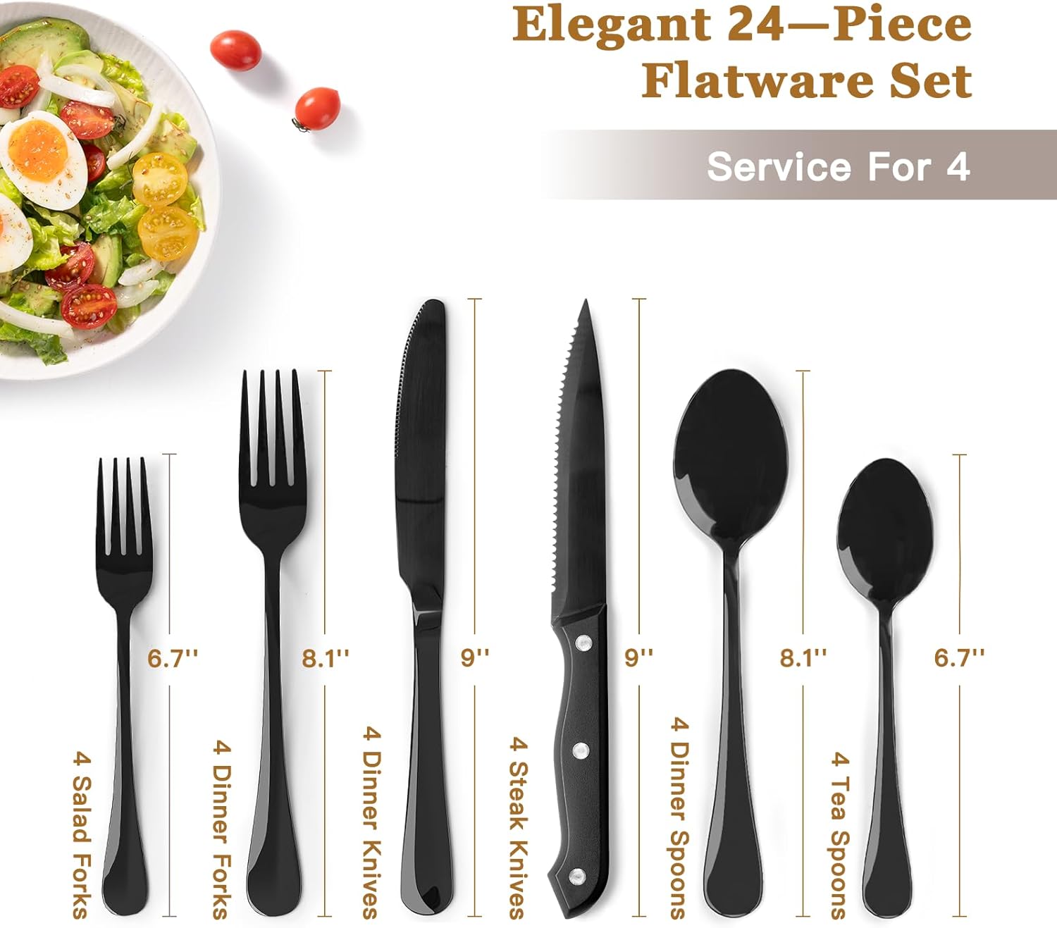 Astercook 24-Piece Black Silverware Set with Steak Knives Flatware Set for 4 Food-Grade Stainless Steel Cutlery Set Mirror Polished Utensils Set Include Spoons and Forks for Home Kitchen Restaurant - Image 2