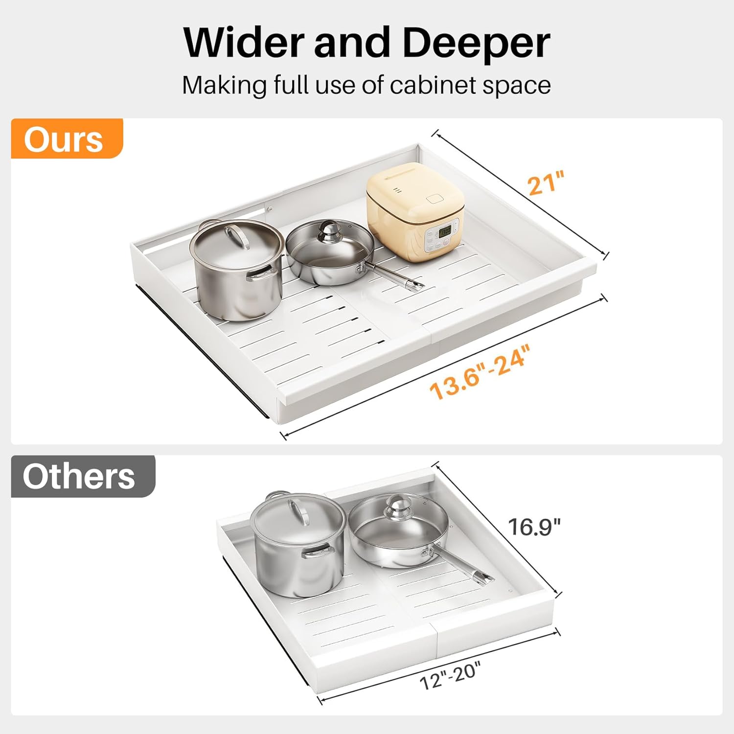 Pull out Cabinet Organizer, 2-Pack Expandable(13.6"-24") Silde out Drawers with Raising Pad for Framed Cabinets, Adjustable Full-Extension Adhesive Roll out Shelves for Kitchen Pantry Home Pot and Pan - Image 2