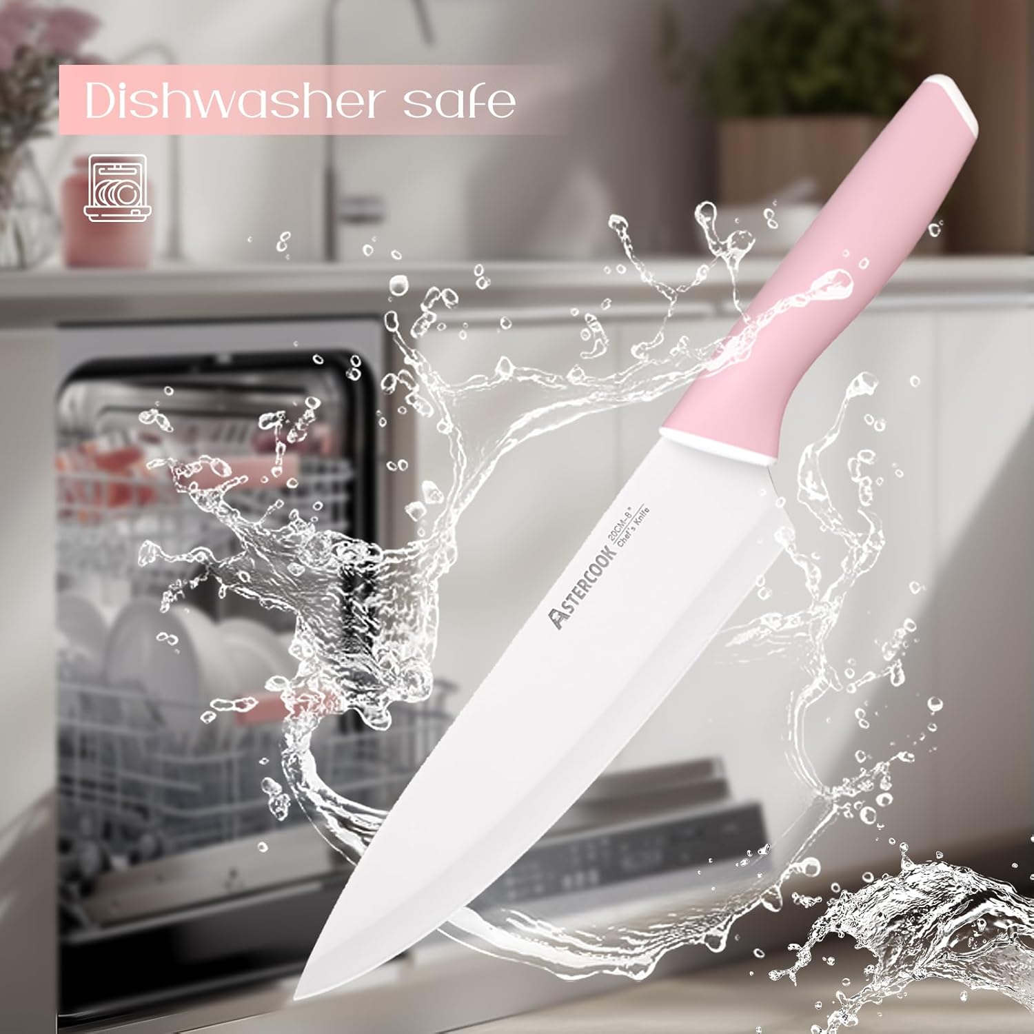 Astercook Knife Set, Kitchen Knives Set with Block and Sharpener Ceramic Coating 15 Pcs German Stainless Steel Knives Sharp Blade Dishwasher Safe Deba Knives with Ergonomic Handle, Crystal Pink - Image 9