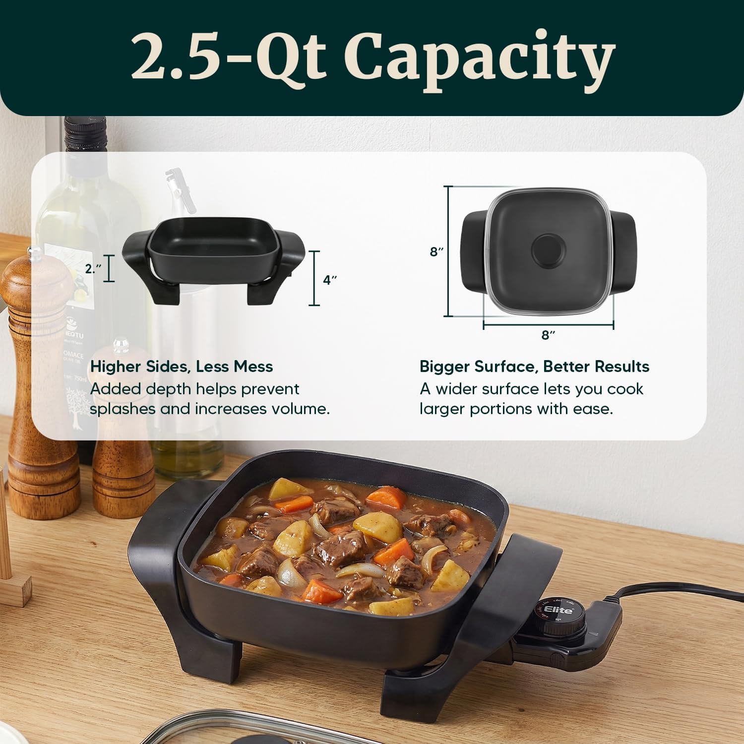 Elite Gourmet EG808 8” x 8" Non-stick Electric Skillet, Dishwasher Safe with Tempered Glass Vented Lid, Rapid Heat Up, 600W, Black - Image 6