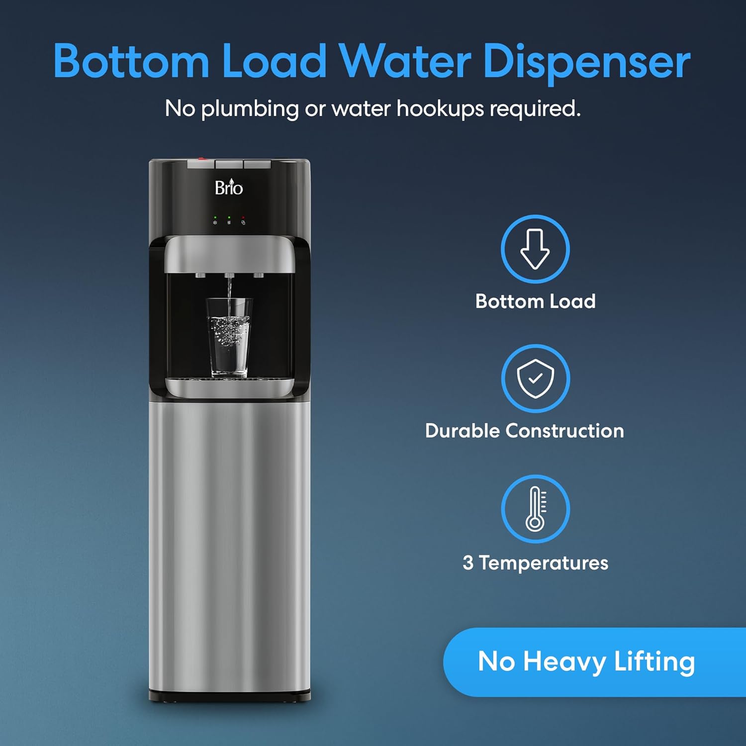 Brio Bottom Loading Water Cooler Dispenser for 5 Gallon Bottles - 3 Temperatures with Hot, Room & Cold Spouts, Child Safety Lock, LED Display with Empty Bottle Alert, Stainless Steel - Image 2