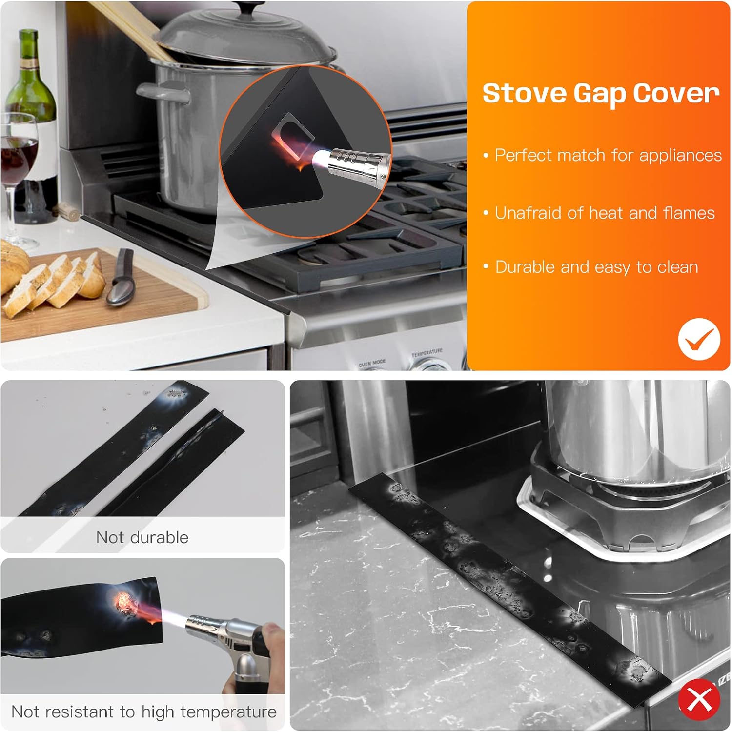 Stainless Steel Stove Gap Covers,Stove Gap Filler, Range Trim Kit, Stove Gap Guards, Heat Resistant and Easy to Clean, Easy retractable Length 13.8" to 27.5", Width 0.79",Black(2PCS) - Image 4