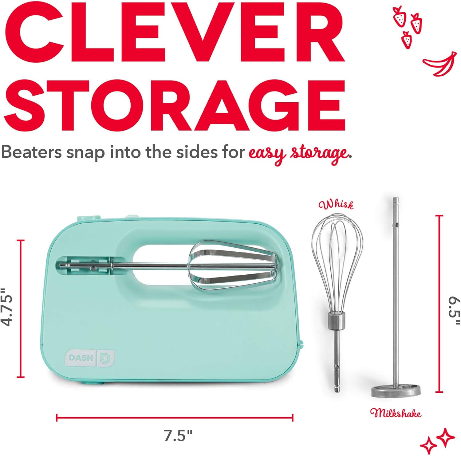 Dash SmartStore™ Deluxe Compact Electric Hand Mixer + Whisk and Milkshake Attachment for Whipping, Mixing Cookies, Brownies, Cakes, Dough, Batters, Meringues & More, 3 Speed, 150-Watt – Aqua - Image 5