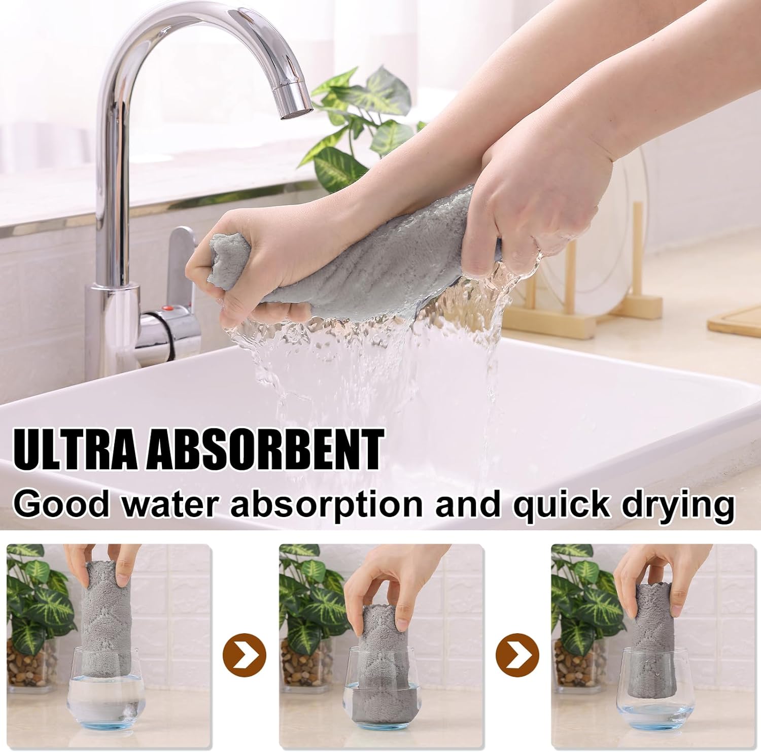 Homaxy 12 Pack Kitchen Dish Cloths (10 x 10 Inches, Grey), Super Soft and Absorbent Coral Velvet Dish Towels, Nonstick Oil Fast Drying Microfiber Cleaning Cloth, No Lint Household Dishcloths - Image 3