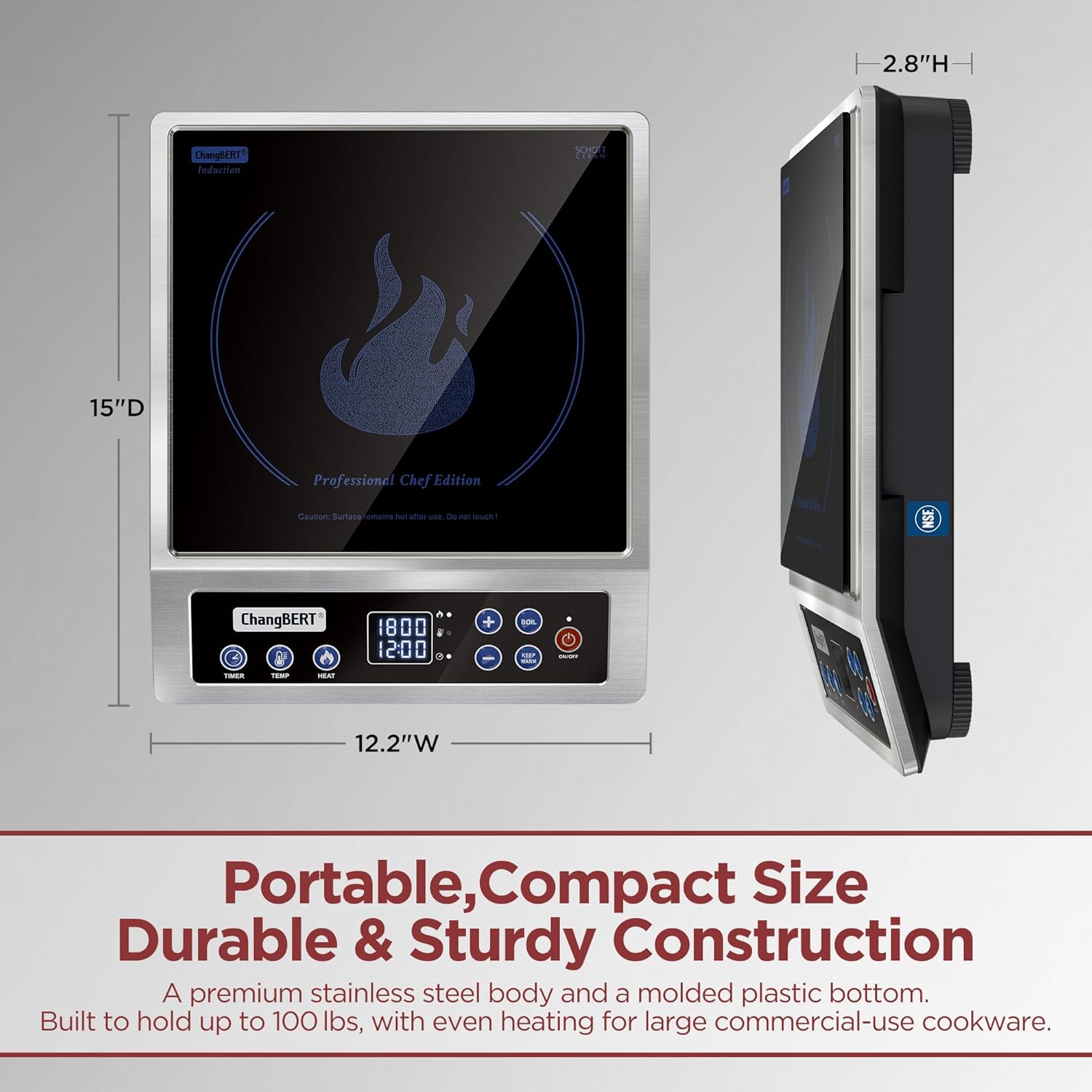 ChangBERT Induction Cooktop NSF Certified Professional Chef Edition Stove, 1800W Commericial Induction Burner with Schott Glass, Large Heating Coil Electric Hot Plate for Restaurant Hotel Food Station - Image 6