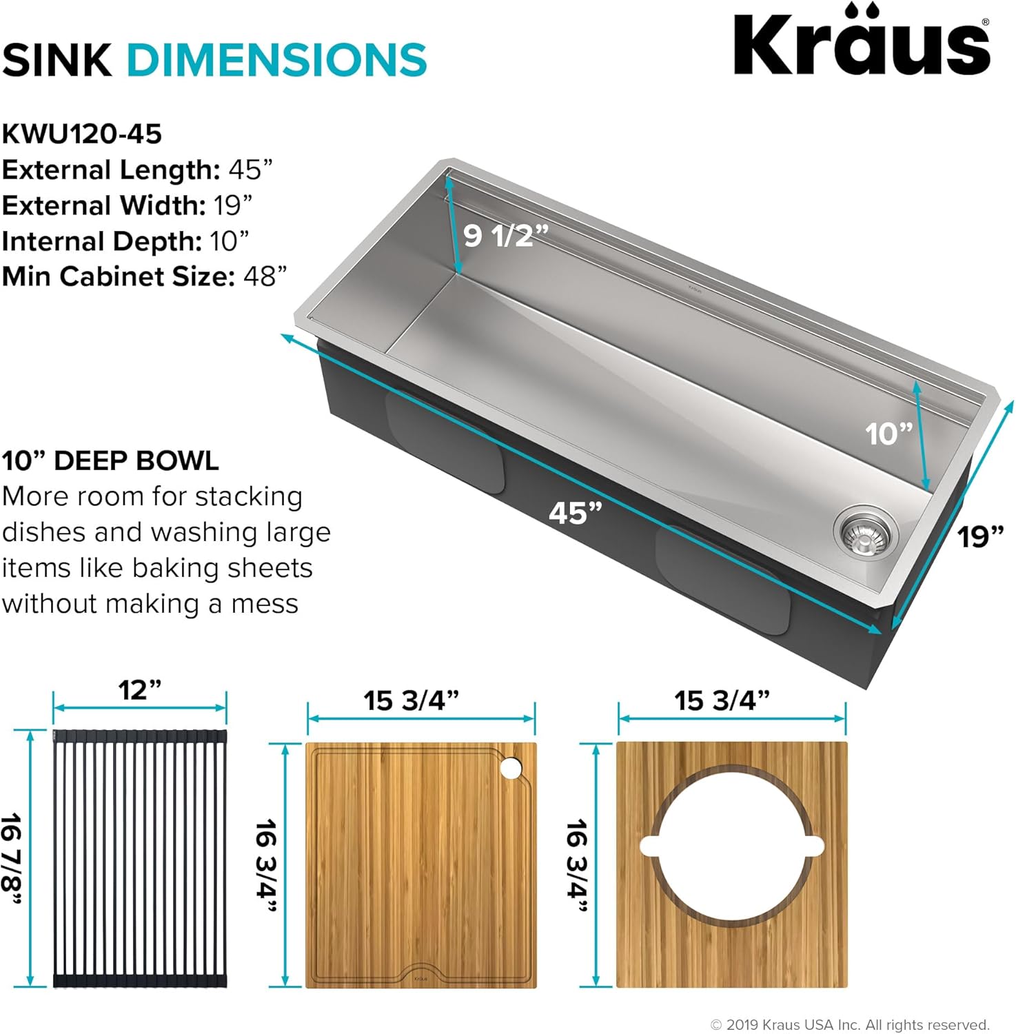 KRAUS Kore Workstation 45-inch Undermount 16 Gauge Stainless Steel Kitchen Sink, Single Bowl Kitchen Sink with Accessories, KWU120-45 - Image 2